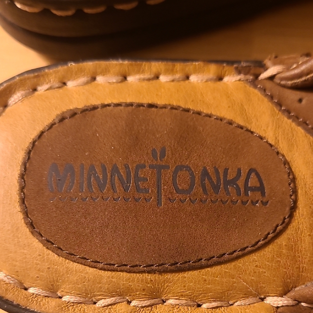 Minnetonka Brown and Tan Slide Sandals - Picture 2 of 5